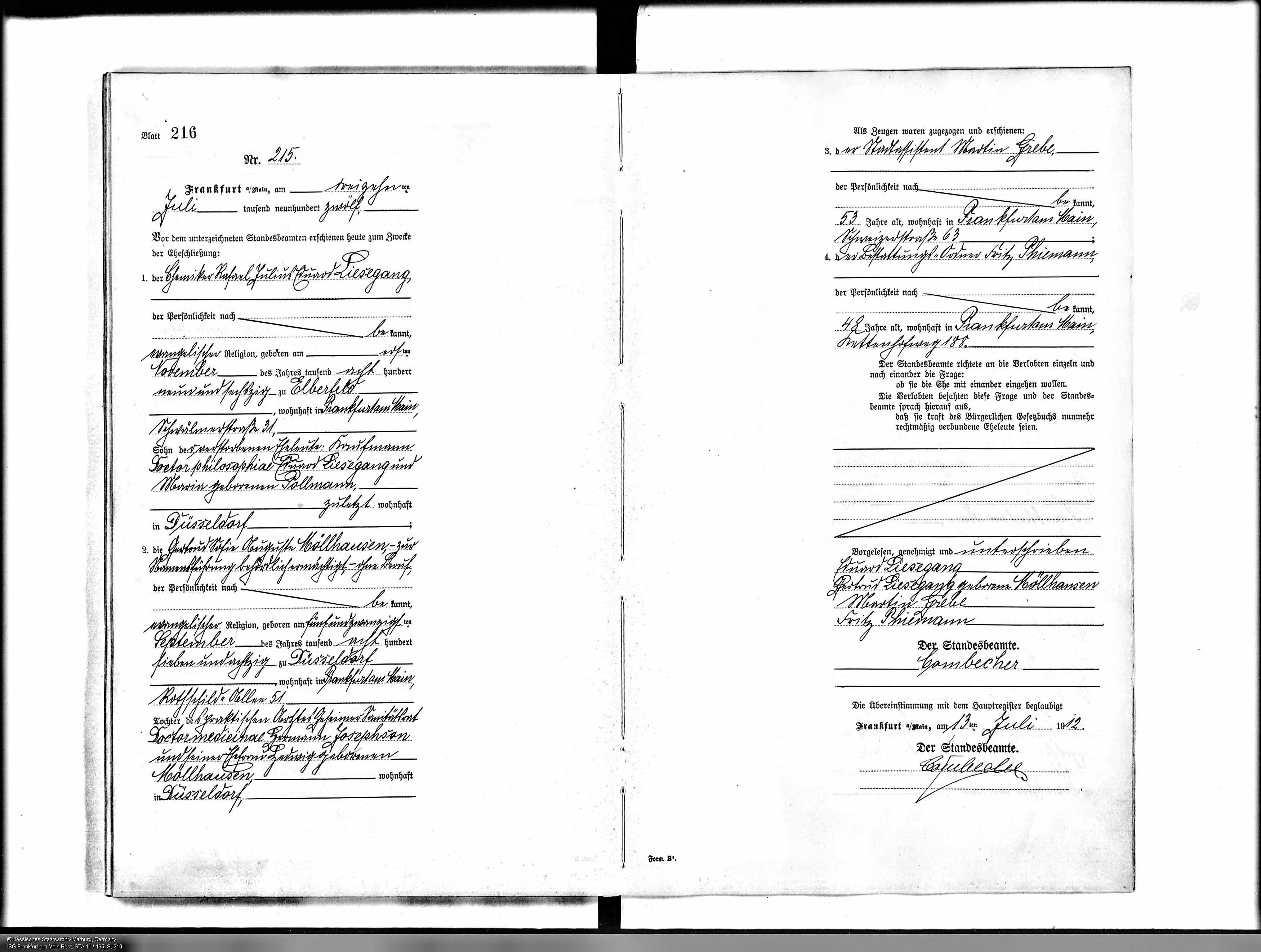 Heirat Raphael Liesegang und Gertrud Möllhausen